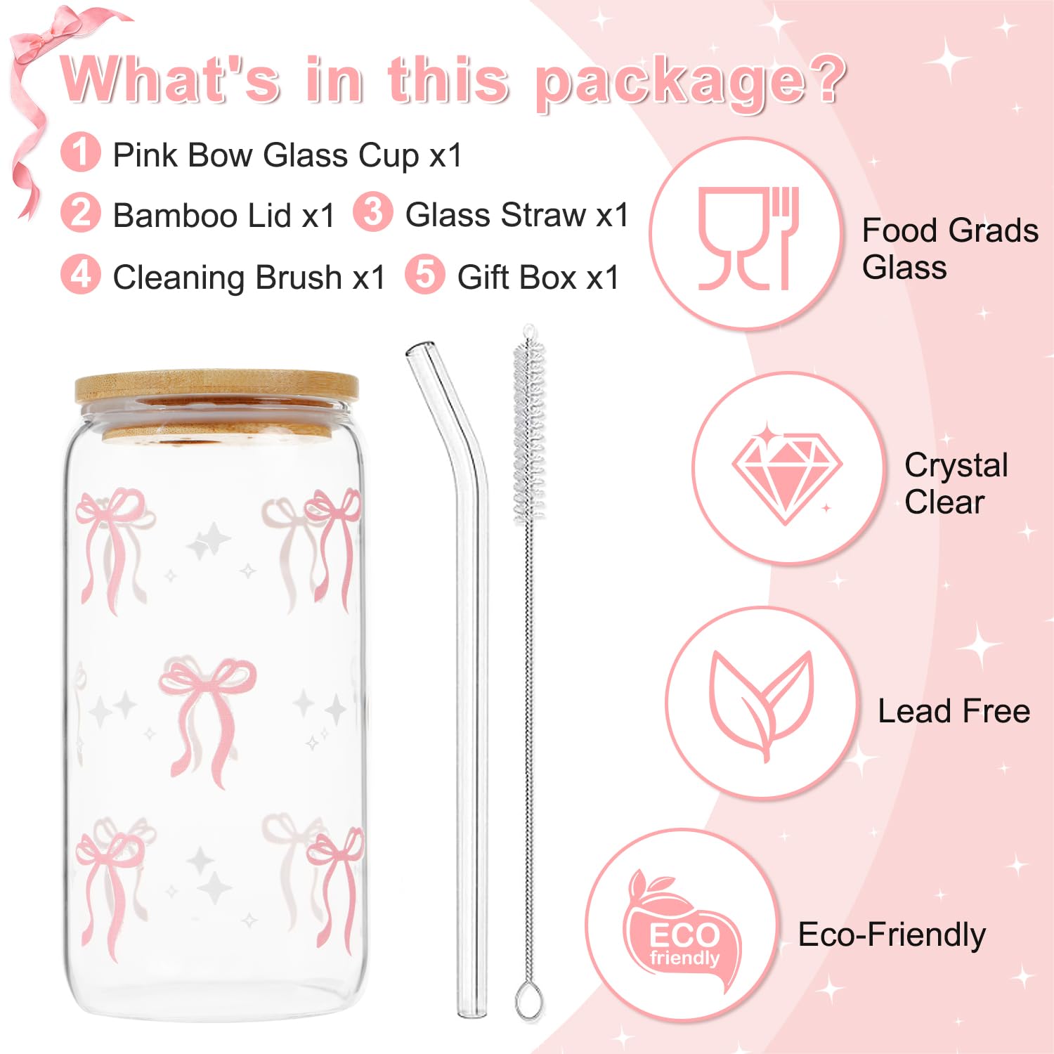 Coquette Black Bow Aesthetic Cup With Gift Box 16oz Glass Cup with Lids Straws and Black Bow Iced Coffee Smoothie Cute Tumbler with Cleaning Brush