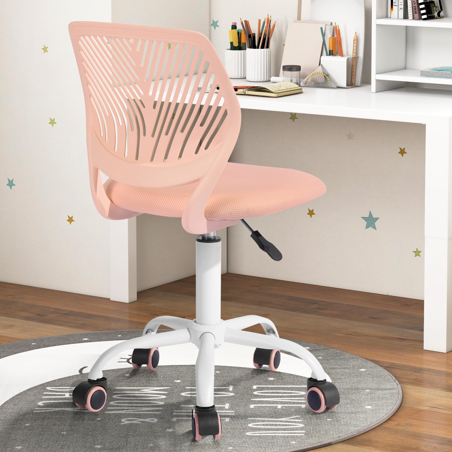 Study Desk Chair Armless Cute, Ergonomic Small Swivel Adjustable Rolling Lightweight Task Chair with Wheels and Mesh Padded Cushion