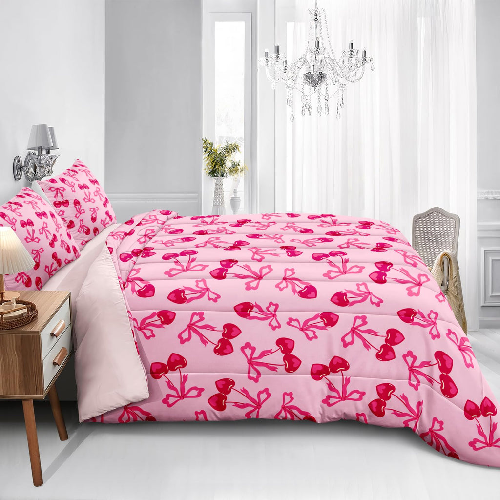 Pink Bowknot Comforter Set 4 Pcs Bow Tie Princess Bedding Blush Red Cherry Bed Quilt