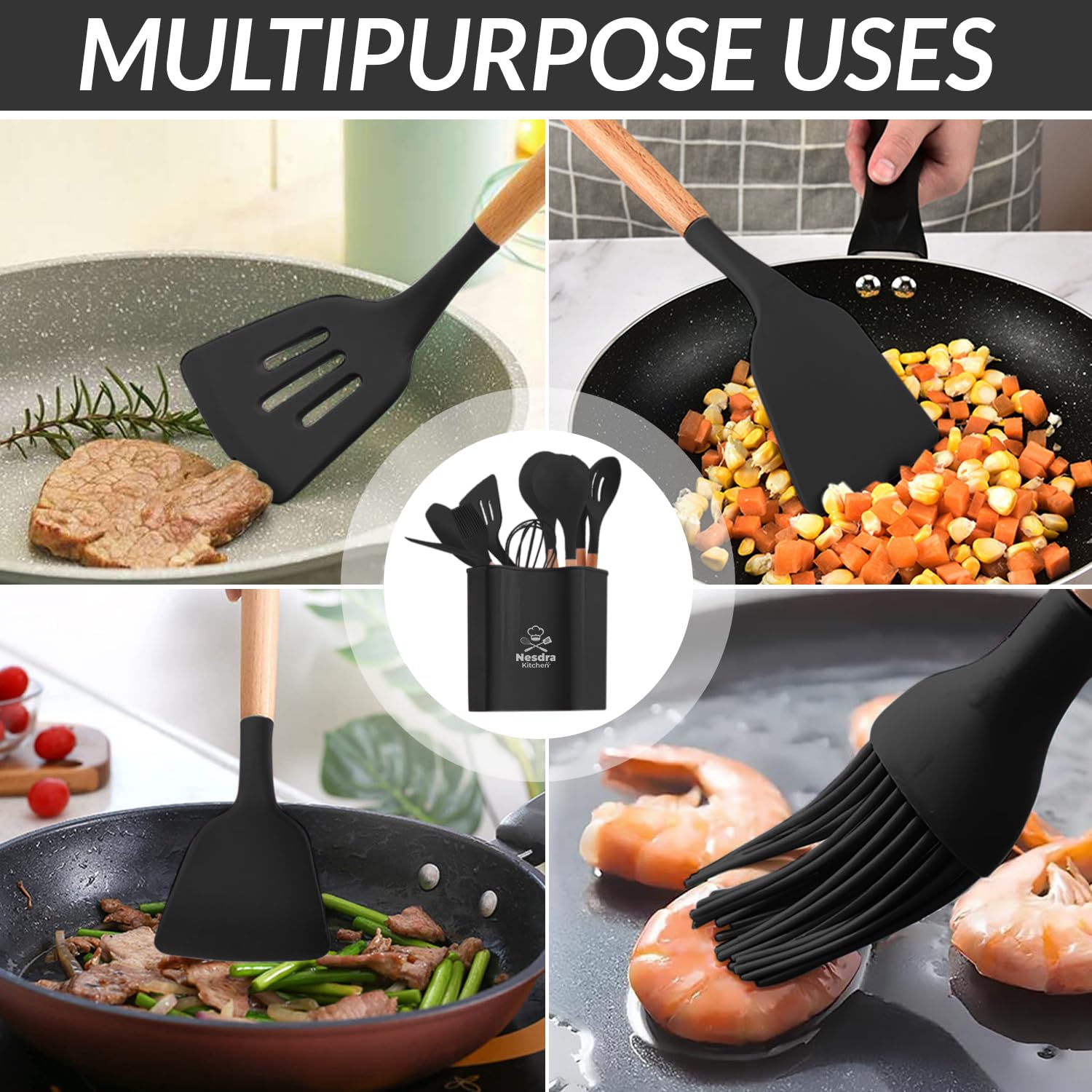 Silicone Cooking Utensils Set with Wooden Handles â€?Food-Grade, BPA-Free & Heat Resistant Kitchen Tools for Nonstick Cookware, Includes Holder & Hooks 33-Piece