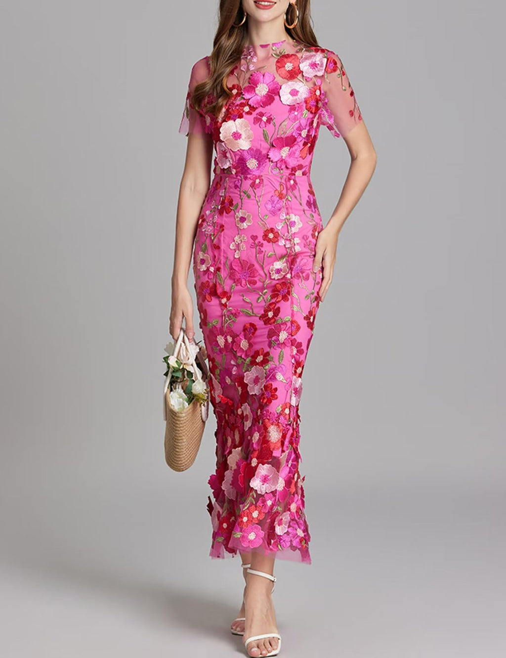 Women's 3D Floral Embroidery Dress Sheer Mesh Round Neck Lace Bodycon Party Cocktail Maxi Dress Short Sleeves