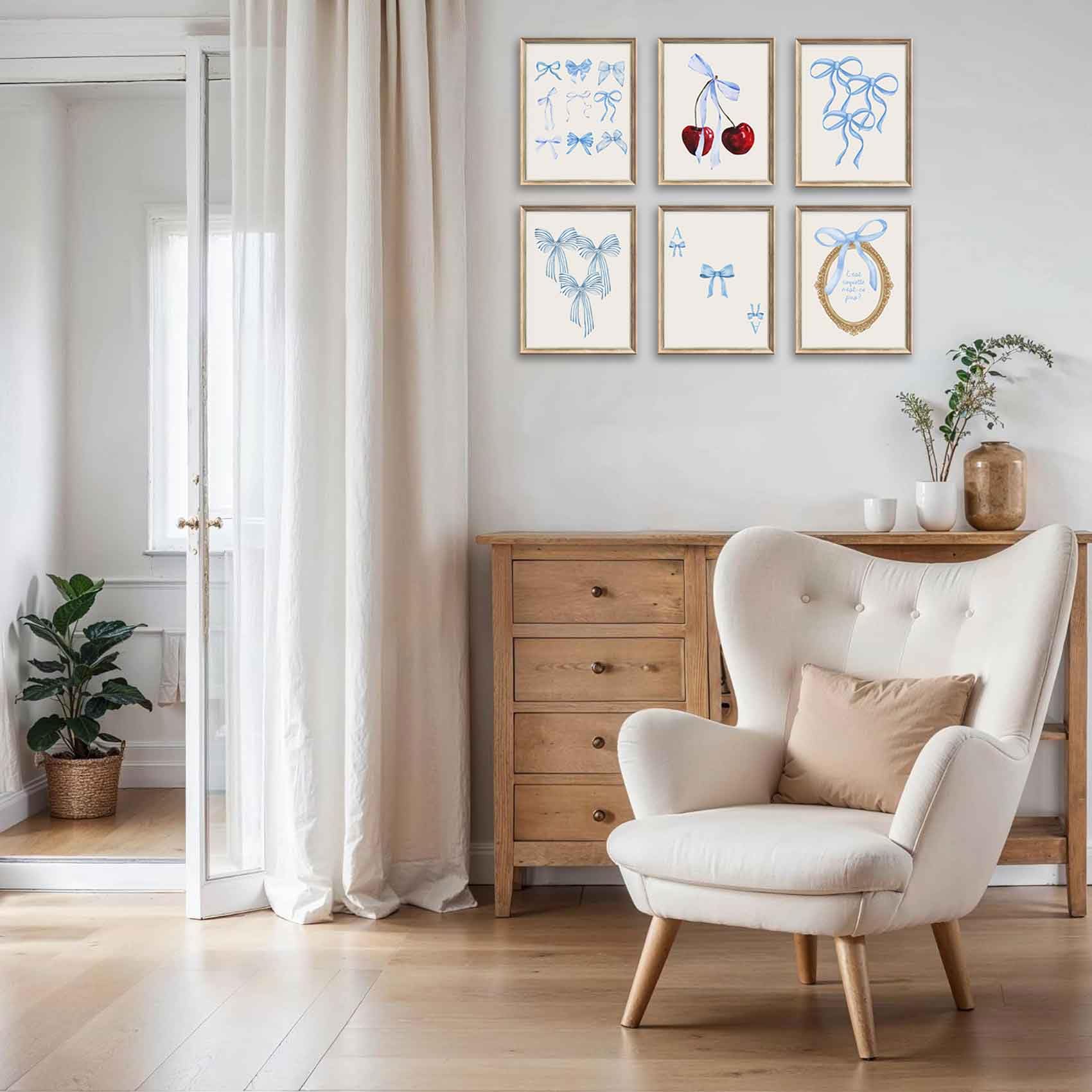 Coquette 6pcs Blue Bow Canvas Wall Art Preppy Decor Trendy Red Cherry Mirror Posters Room Decoration Unframed