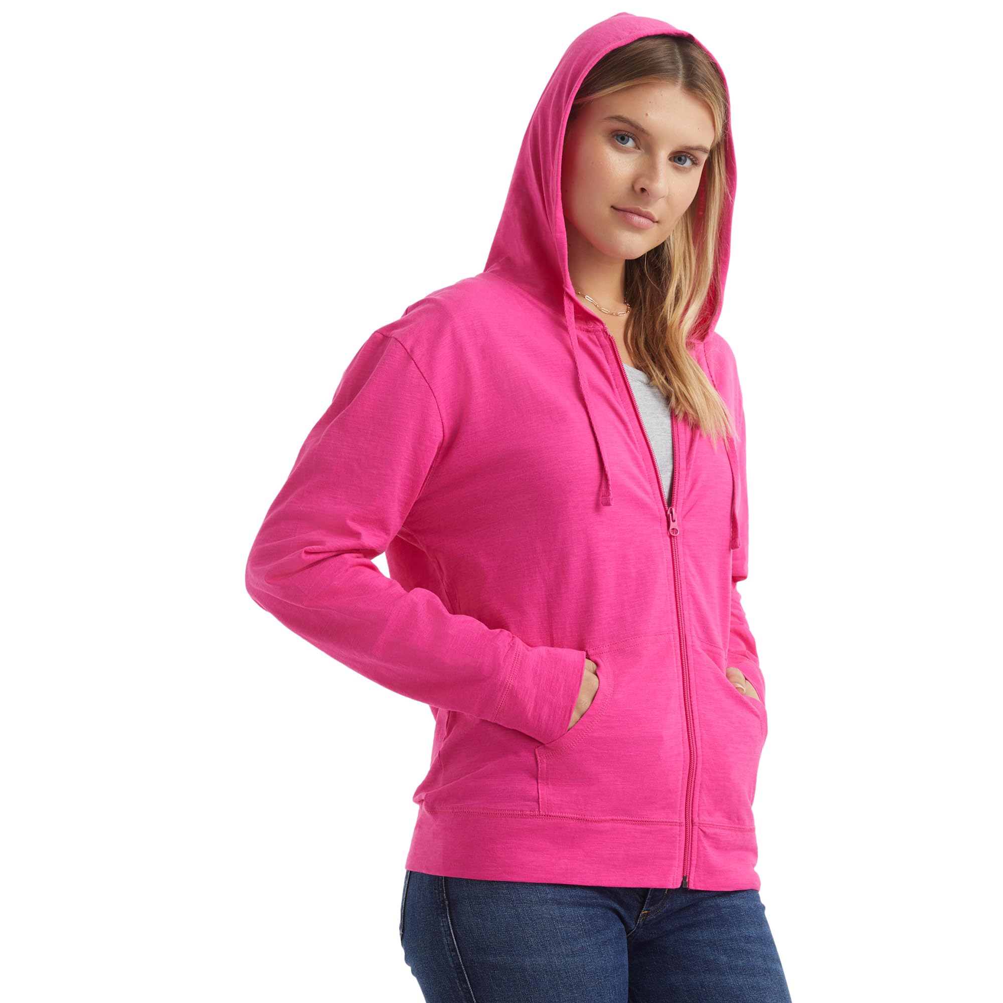 Women's Slub Knit Full-Zip Hoodie, Textured Cotton Zip-Up T-Shirt Hoodie