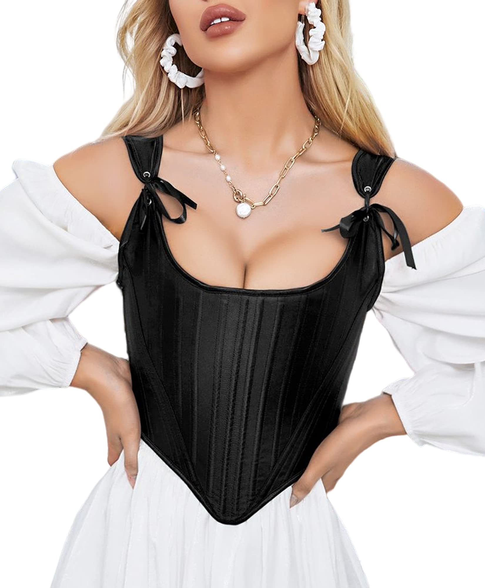 Womens Vintage Asymmetrical Hem Overbust Corset Tie Front Lace-up Back Bustier Shapewear Top