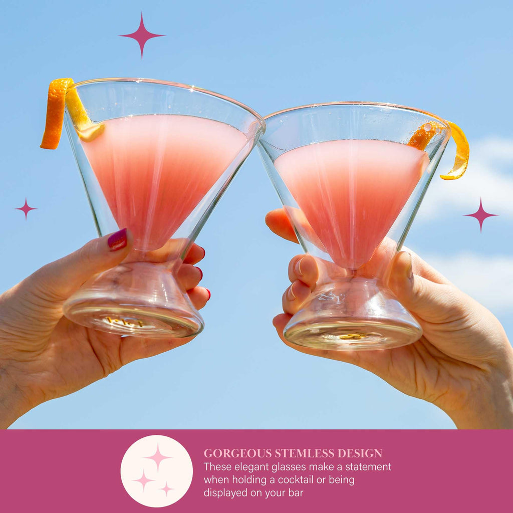 Paris Hilton 2-Piece Martini Glass Set, Double Wall Glass Design, Iridescent with Glitter Hearts - 207mL 7-Ounce