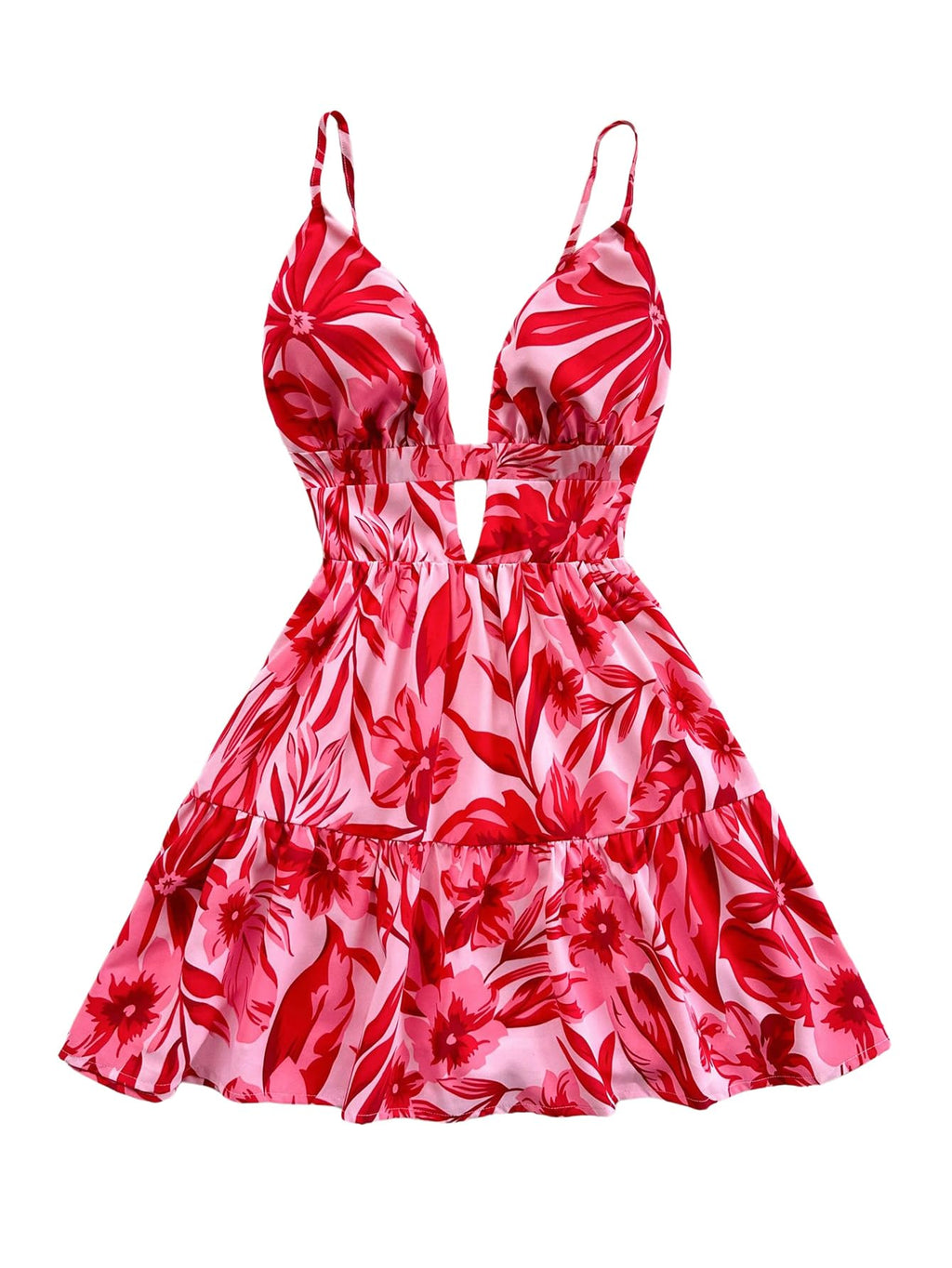 Women's Sleeveless Butterfly Print Cut Out V Neck Tiered Mini Cami Dresses