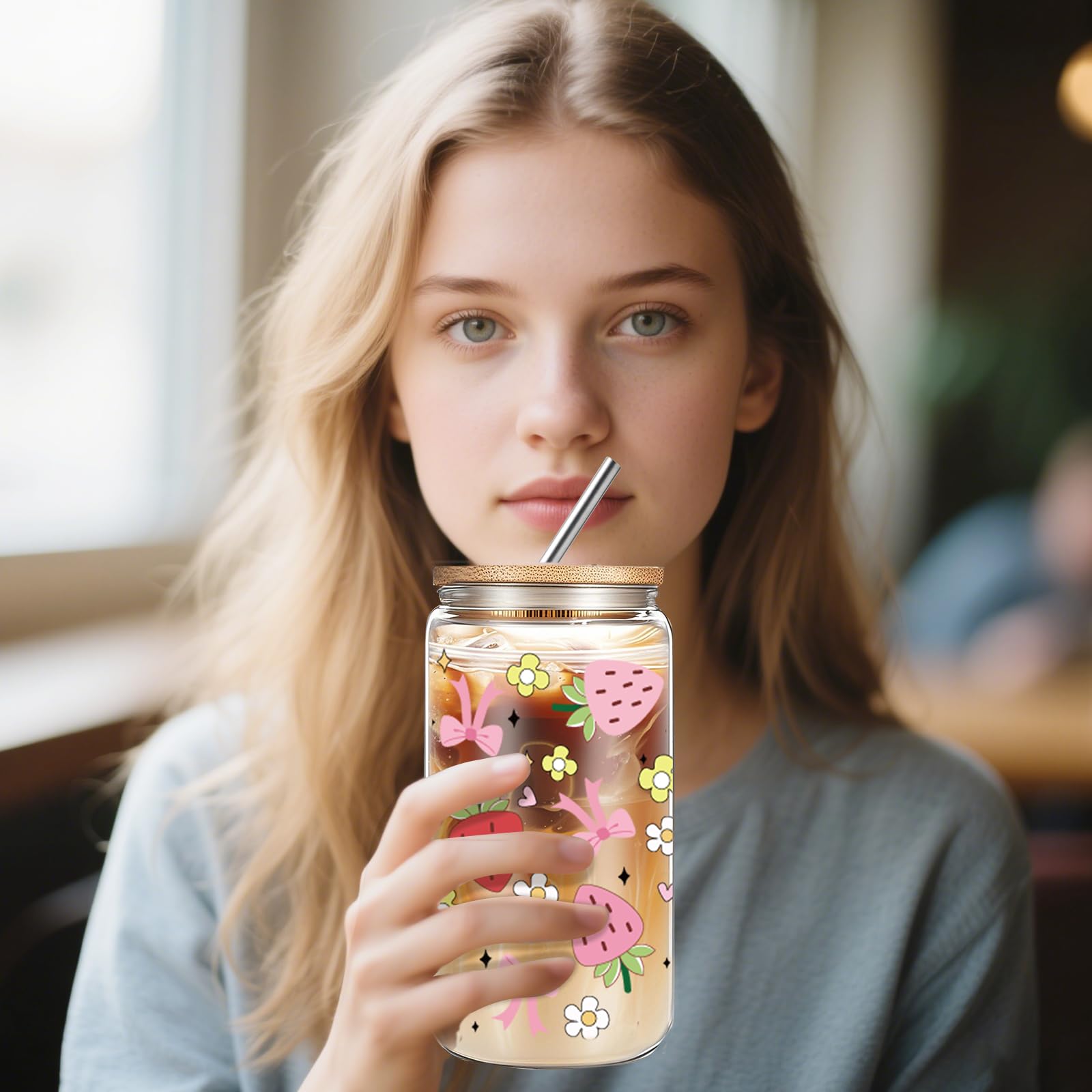 Cute 16oz Glass Cups with Lids and Straws, 2 Pack