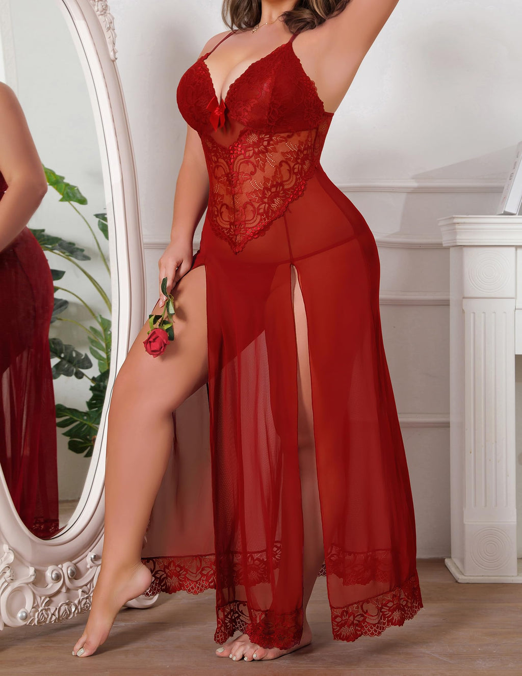 Plus Size Lingerie For Women Babydoll Sexy Mesh Maxi Nightdress Exotic Sleepwear Side Slits
