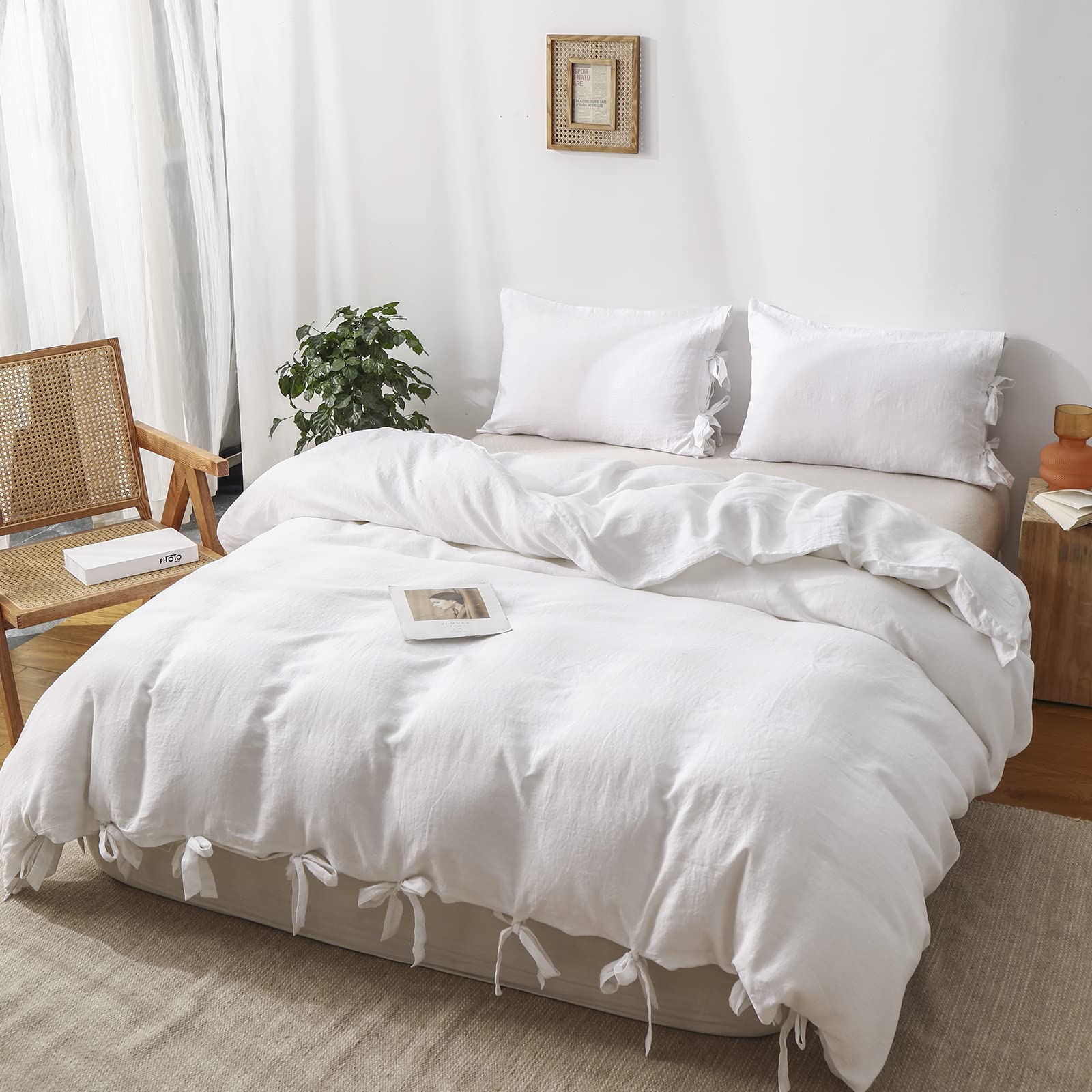 The 100% Linen Duvet Cover Set, 3 Pieces Belgian Flax Breathable Bedding,(1 Comforter Cover+2 Pillowshams) with Tie Closure Style