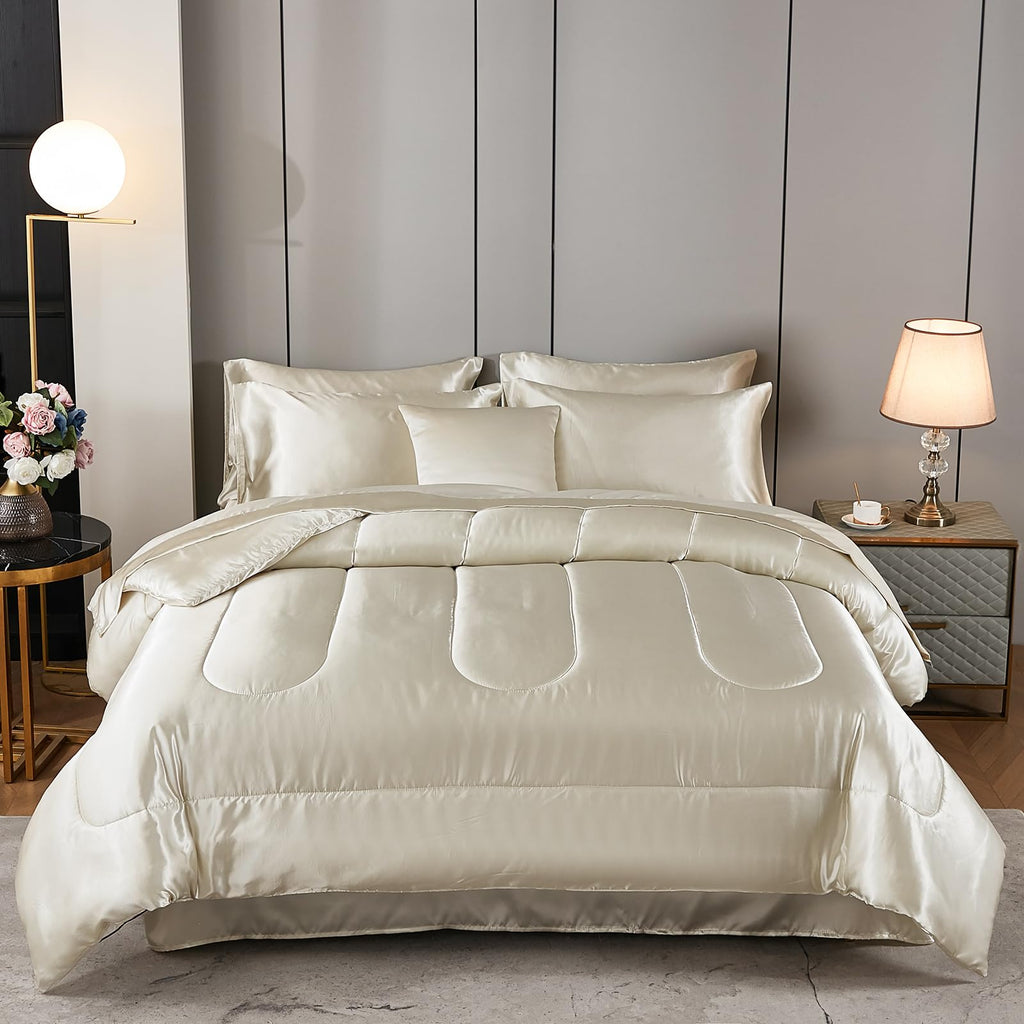 Satin Comforter Set with Sheet Set Full Silk Like Hot Pink Bed in a Bag Luxury Silky Bedding with 1 Comforter, 1 Flat Sheet, 1 Fitted Sheet, 4 Pillowcases, 1 Cushion Cover (Full, Hot Pink)