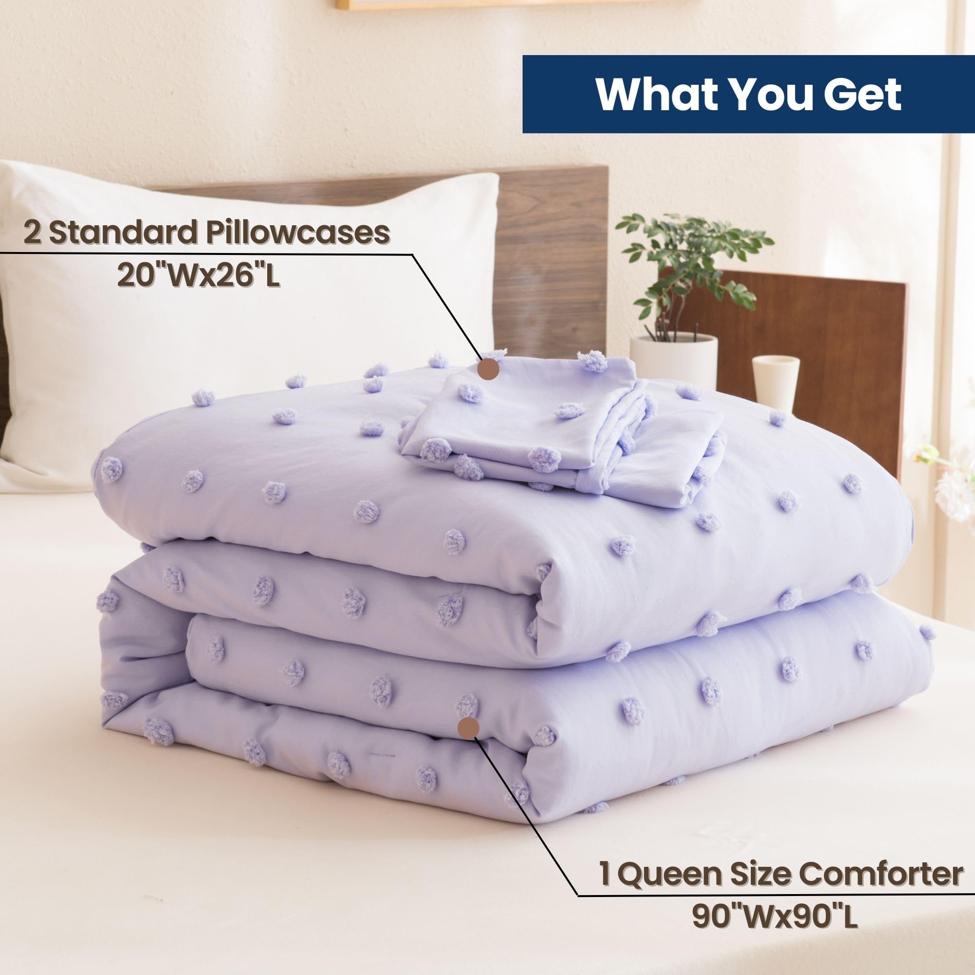 Comforter Set, 2 Pieces- Soft Cotton Lightweight Comforter with 1 Pillowcase, Chenille Dots All Season Down Alternative Comforter Set for Bedding