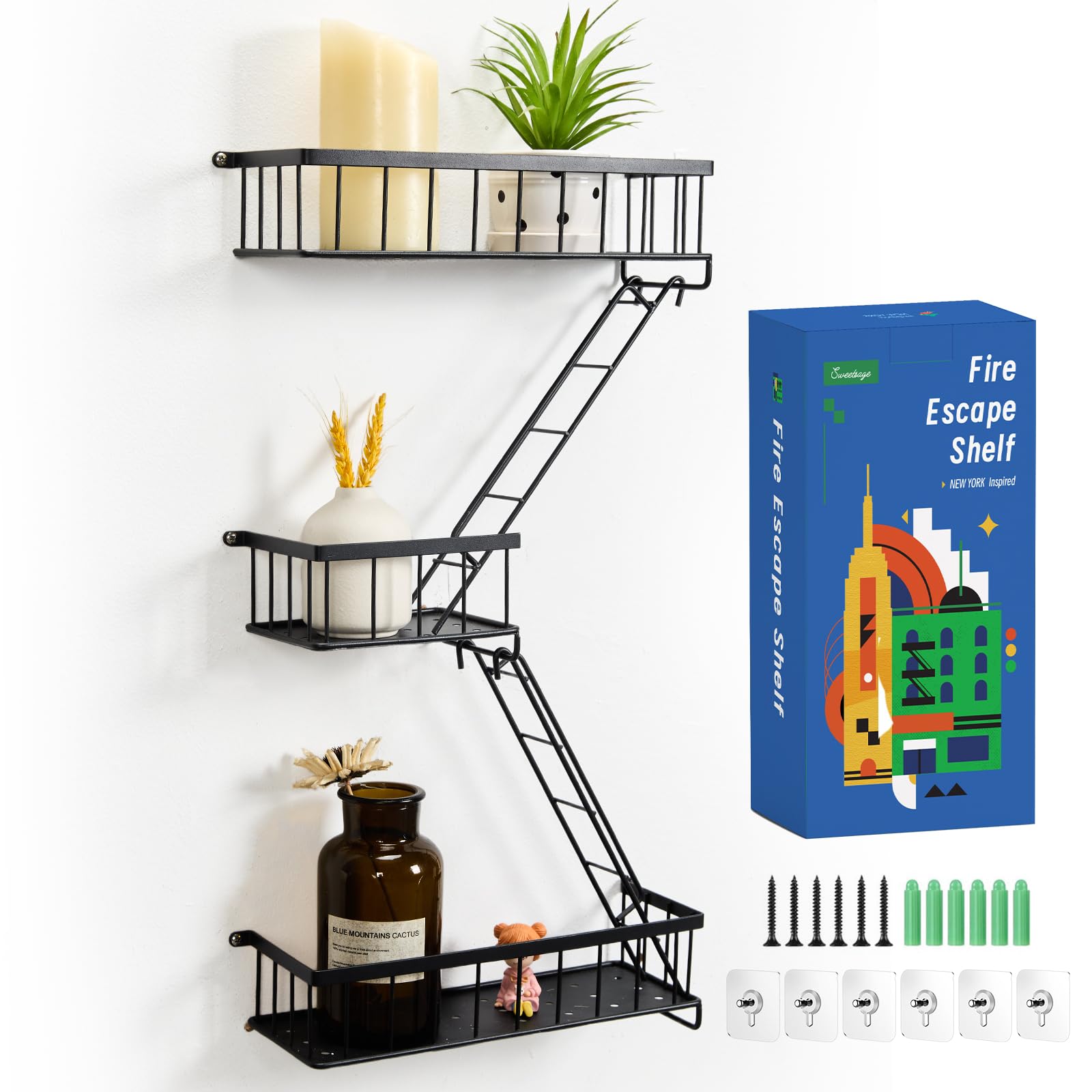 Fire Escape Shelf - Wall Decor Floating Shelves, Cute Metal Ladder Shelving for Bedroom, Home Decor Display (3-Tier)