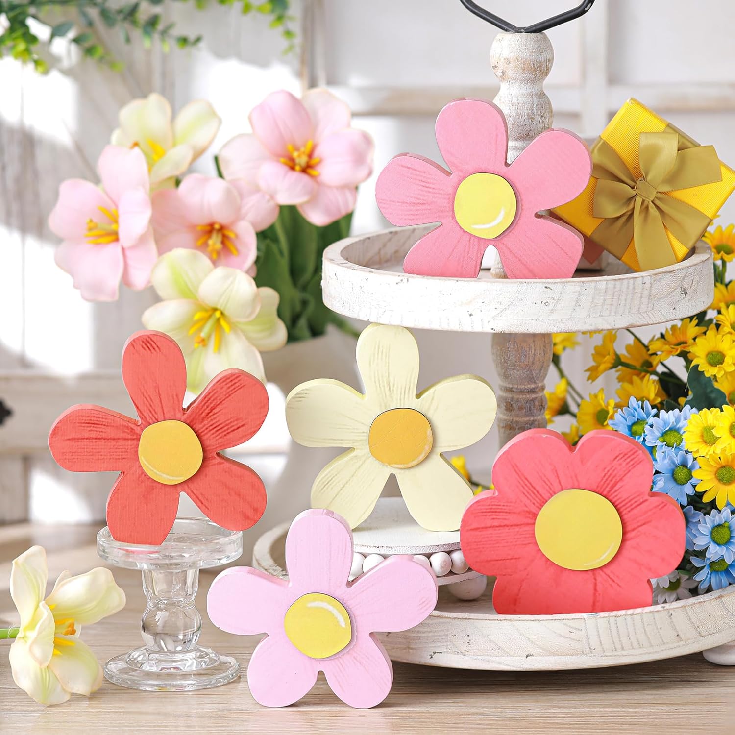 Daisy Decor Pink Coquette Girly Rustic Wooden Flower Tiered Tray Decor