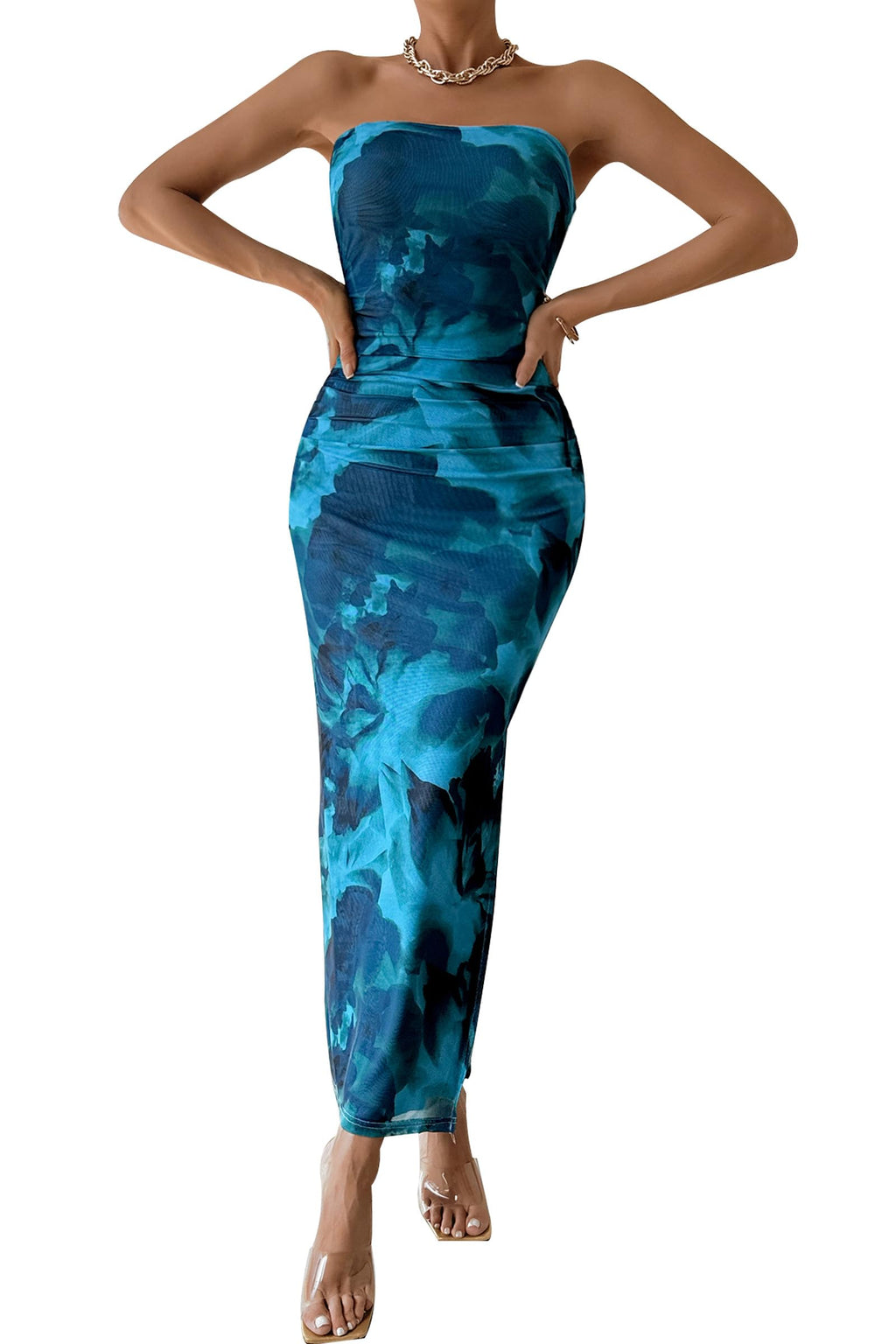 Women's Summer Maxi Bodycon Dresses Strapless Tube Top Printed Long Slit Dress