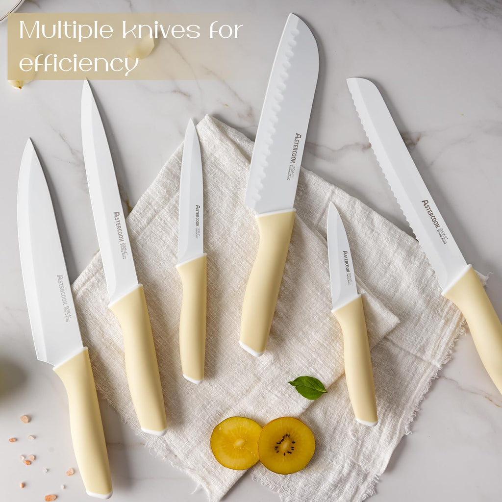 Colorful Kitchen Knives Set with Block and Sharpener Ceramic Coating 15 Pcs German Stainless Steel Knives Sharp Blade Dishwasher Safe Knife Block Set with Ergonomic Handle