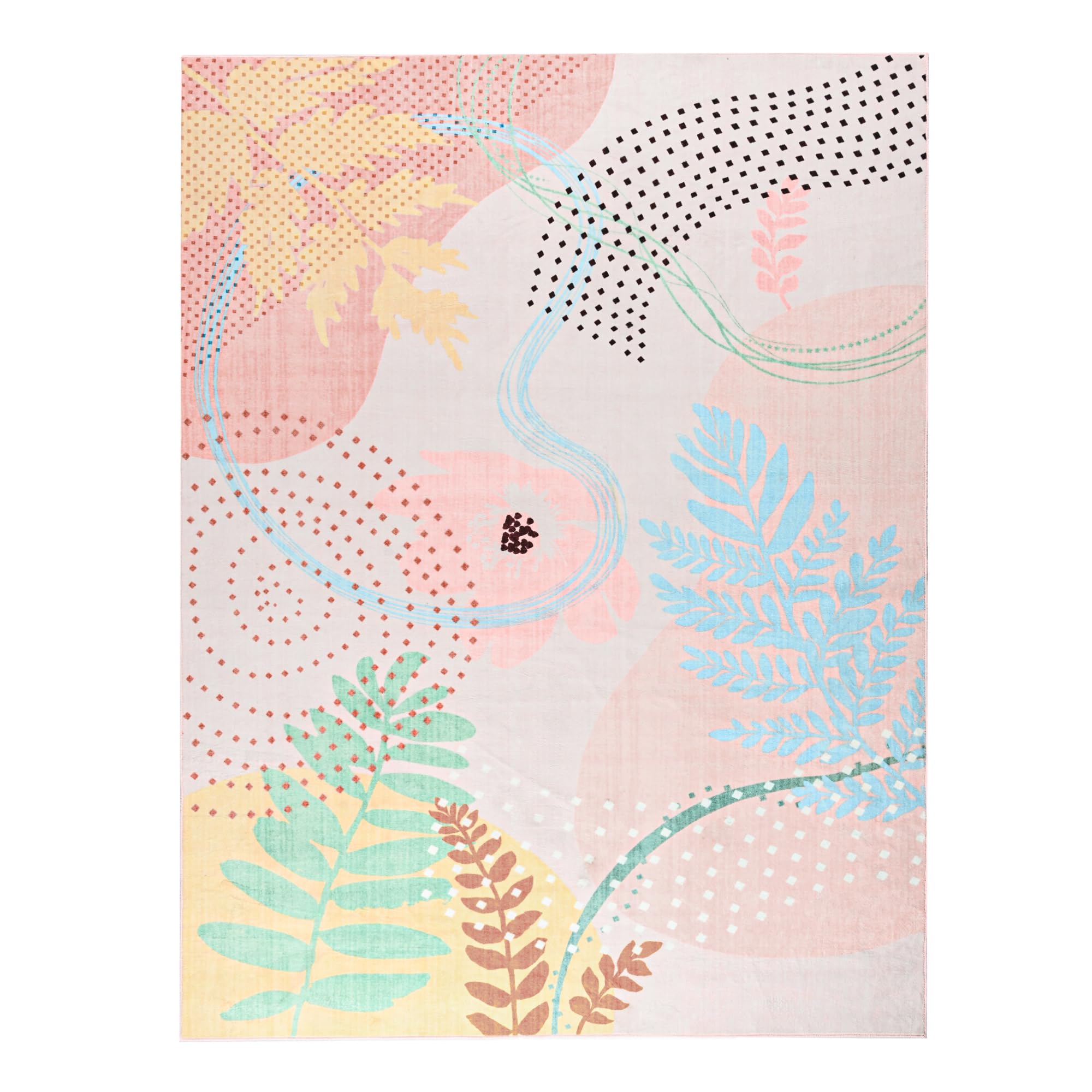 Faux Wool Boho Floral Area Rug Abstract Print Soft Carpet, TPR Non-Slip Backing, Machine Washable Low Pile Rug