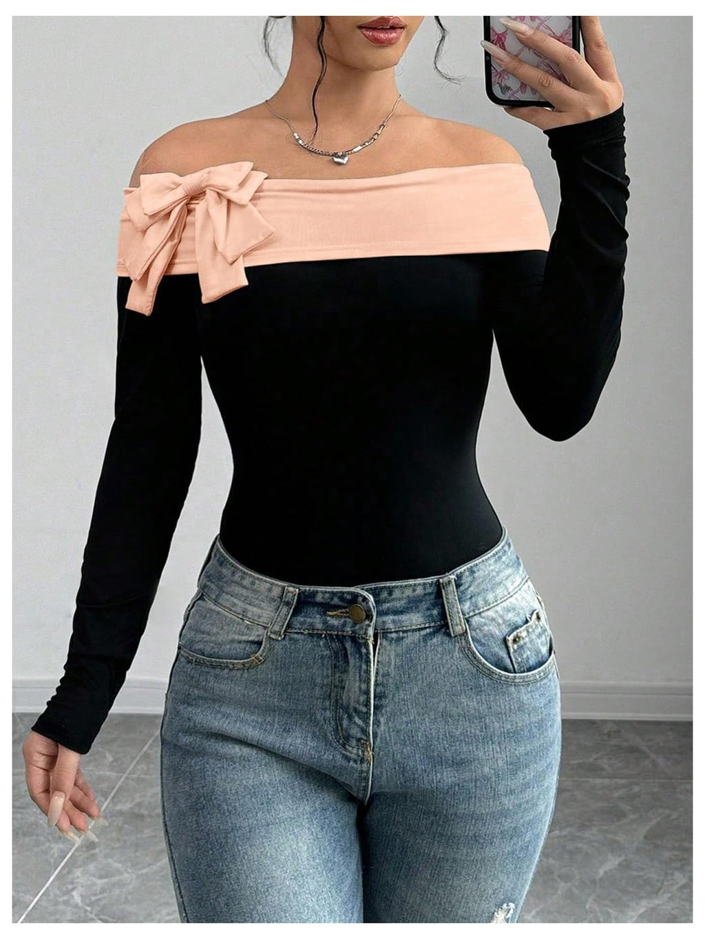 Women's Colorblock Bow Tie Off Shoulder Long Sleeve Bodysuit Elegant Tops