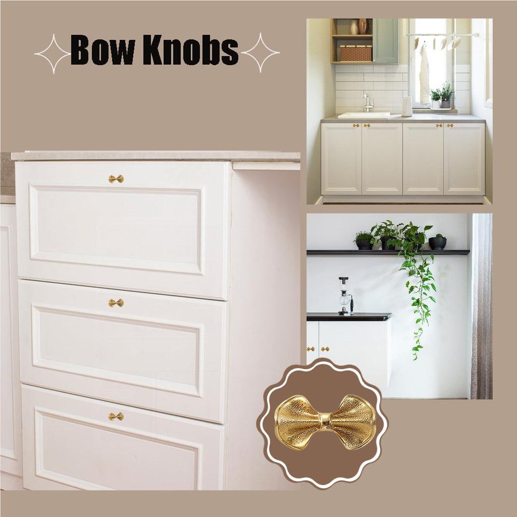 Gold Brass Small Bow Knobs Cute Dresser Drawer Handles Kitchen Cabinet Pulls Art Deco Single Hole Decorative Knobs Modern Furniture Hardware for Closet Cupboard