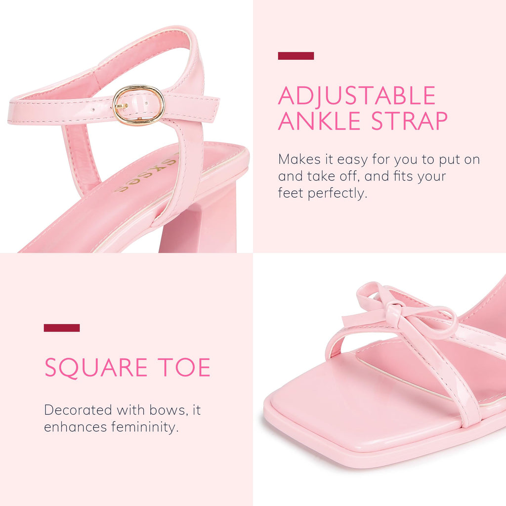 High Heels for Women Bow Block Chunky Heels Square Open Toe Sandals Strappy Heels