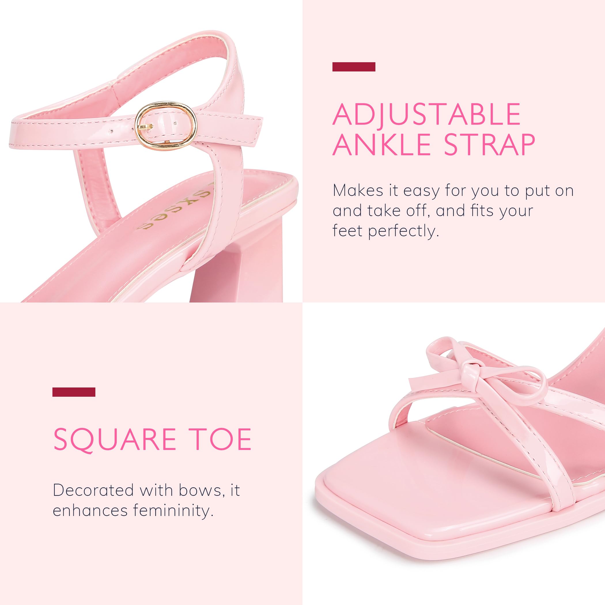 High Heels for Women Bow Block Chunky Heels Square Open Toe Sandals Strappy Heels