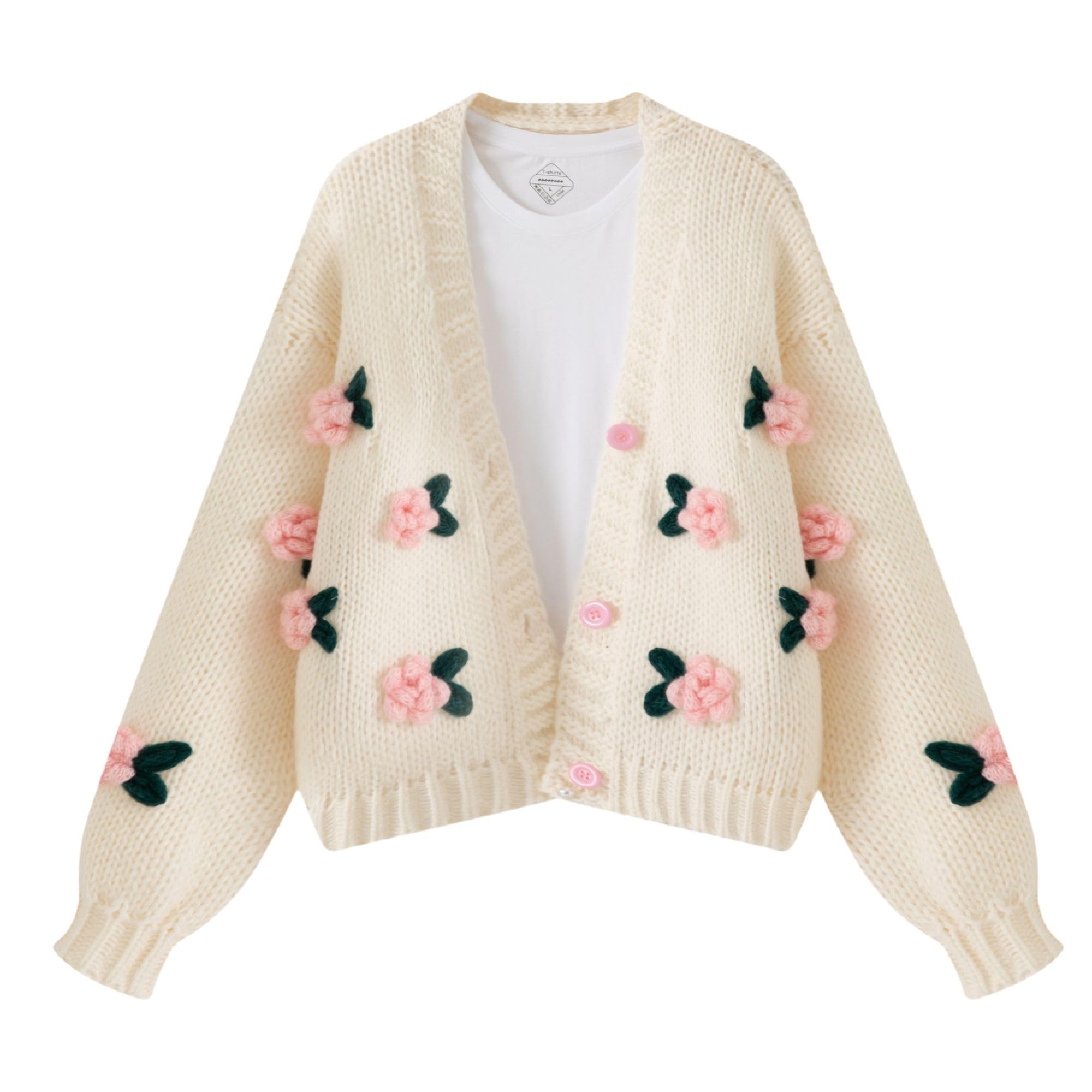 Women's Kawaii Strawberry Embroidered Cardigan Long Sleeve V Neck Chunky Knitted Cardigans