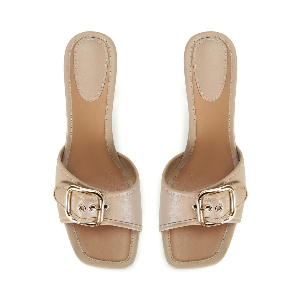 Ladies Kitten Heel Sandals Stiletto Low Heels Slip On Slides Mule Sandal Square Open Toe Dress Shoes