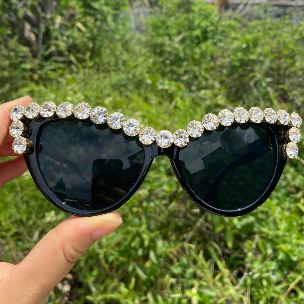 Coquette Bling Sunglasses Crystal Rhinestone Shades Retro Half Rim Women Cat Eyewear