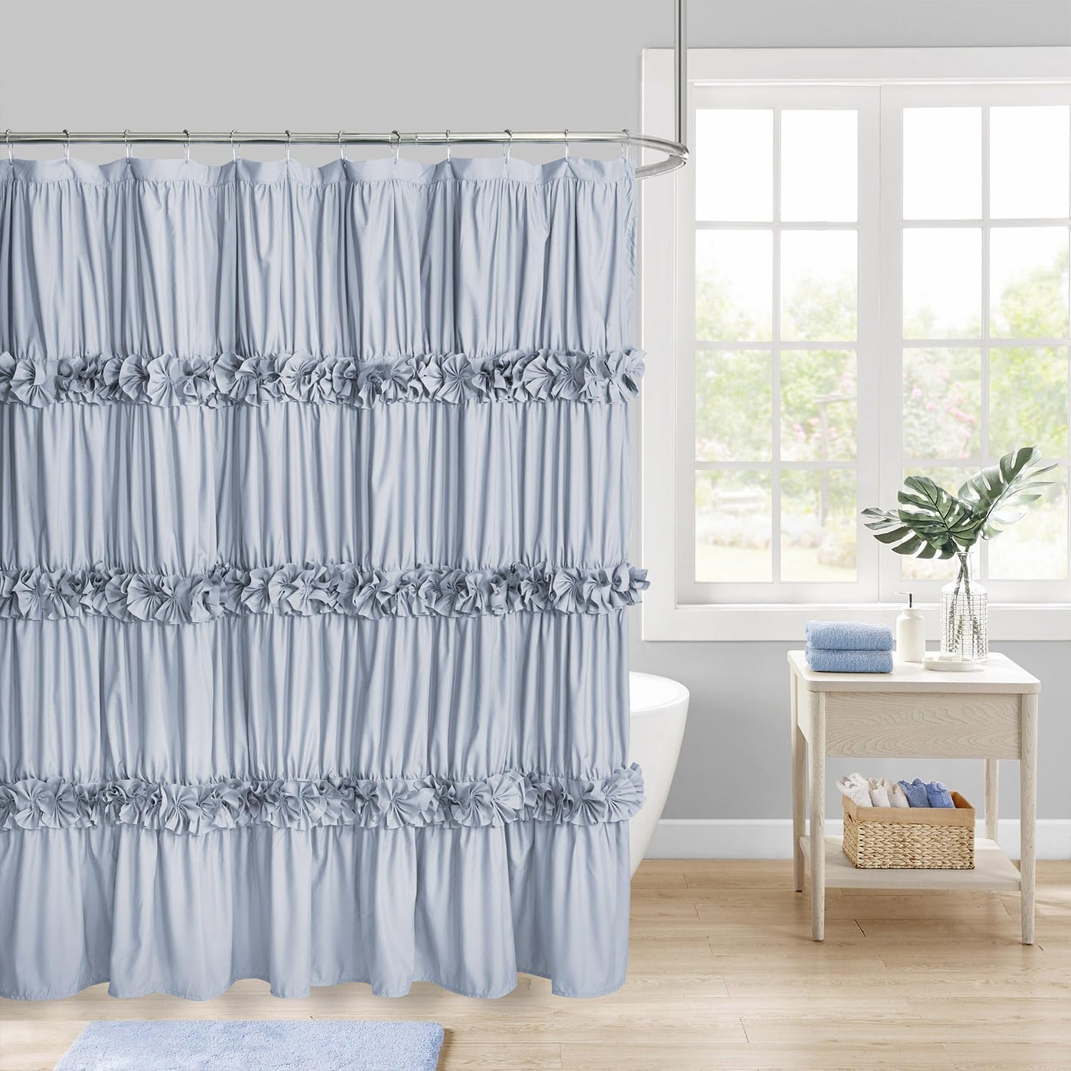 Victorian Bow Tie Ruffle Shower Curtain, with 12 Buttonholes, 72" W x 72" H, White (LQ-10)