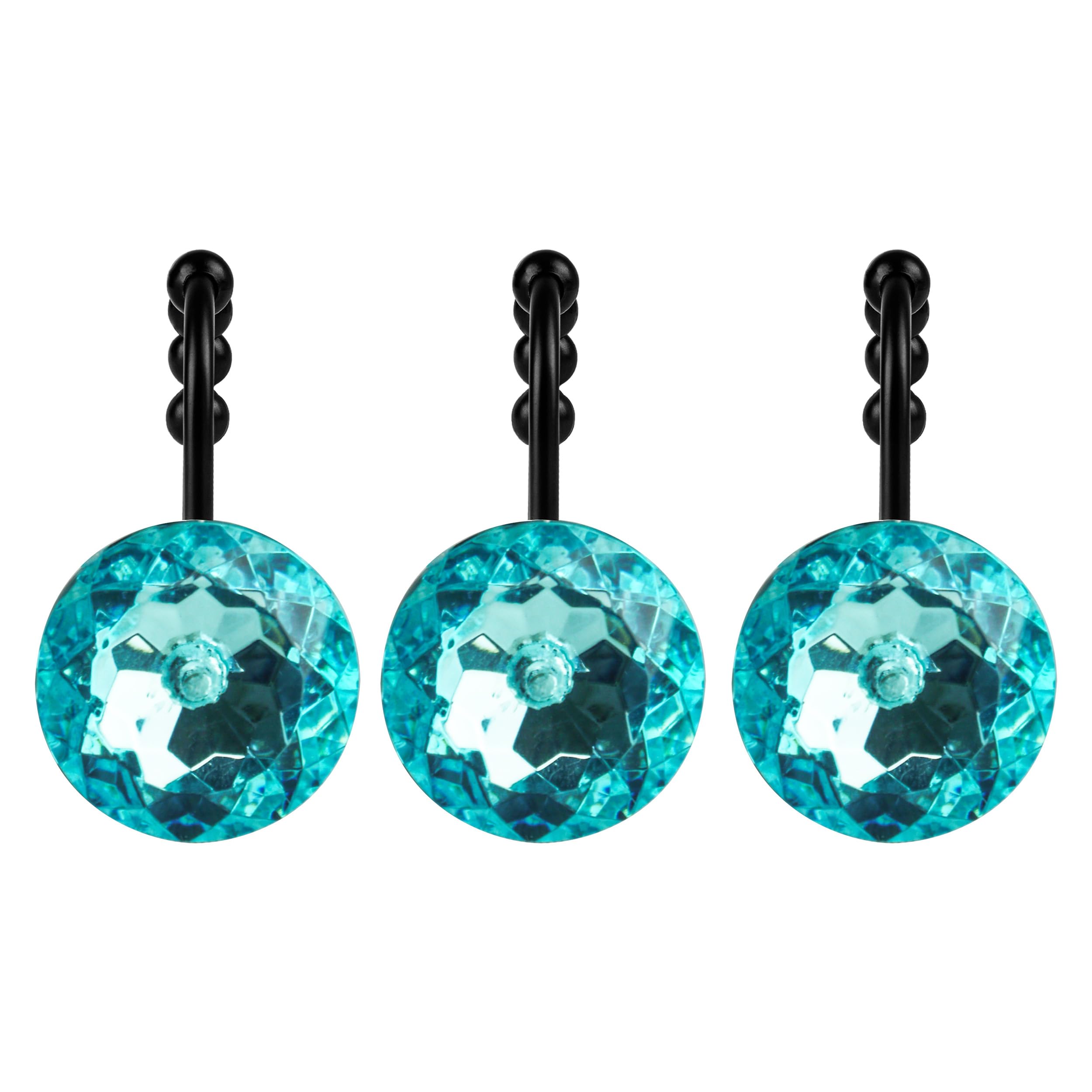 Luxury Design Round Diamond Crystal Gem Bling with Glide Balls Shower Curtain Hooks, Rust Proof Metal Rhinestones Glam Shower Curtain Rings-12 Pack