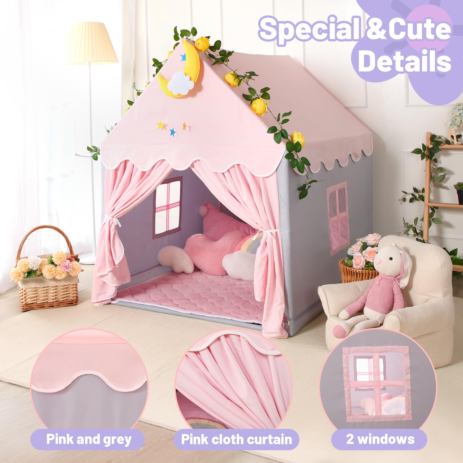 Kid Tent with Mat, Star Lights - Kids Play Tents for Toddlers Kids Tents Indoor Playhouse - Princess Tent for Girls Toy House