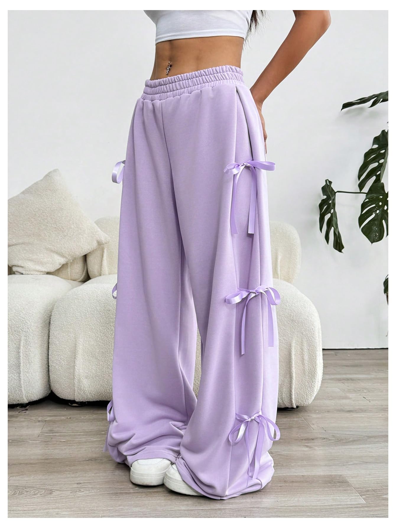 Women's Bow Wide Leg Sweatpants Elastic Waist Casual Baggy Pants with Pocket