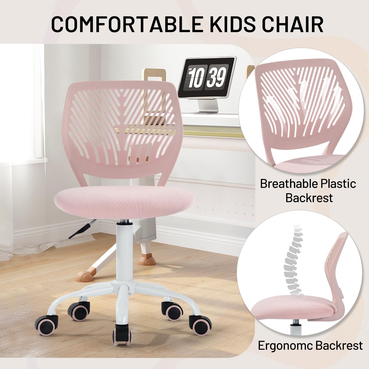 Study Desk Chair Armless Cute, Ergonomic Small Swivel Adjustable Rolling Lightweight Task Chair with Wheels and Mesh Padded Cushion