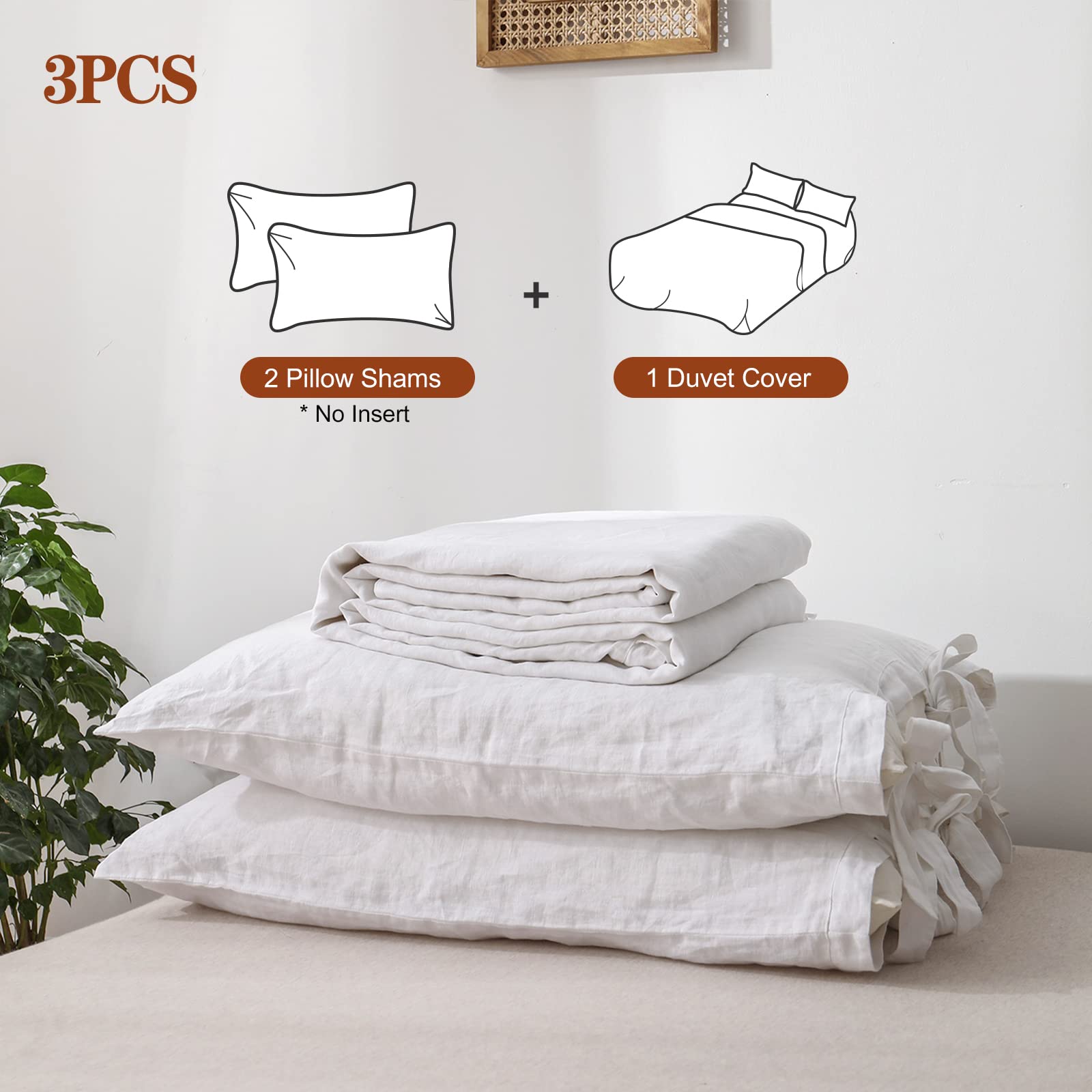 The 100% Linen Duvet Cover Set, 3 Pieces Belgian Flax Breathable Bedding,(1 Comforter Cover+2 Pillowshams) with Tie Closure Style