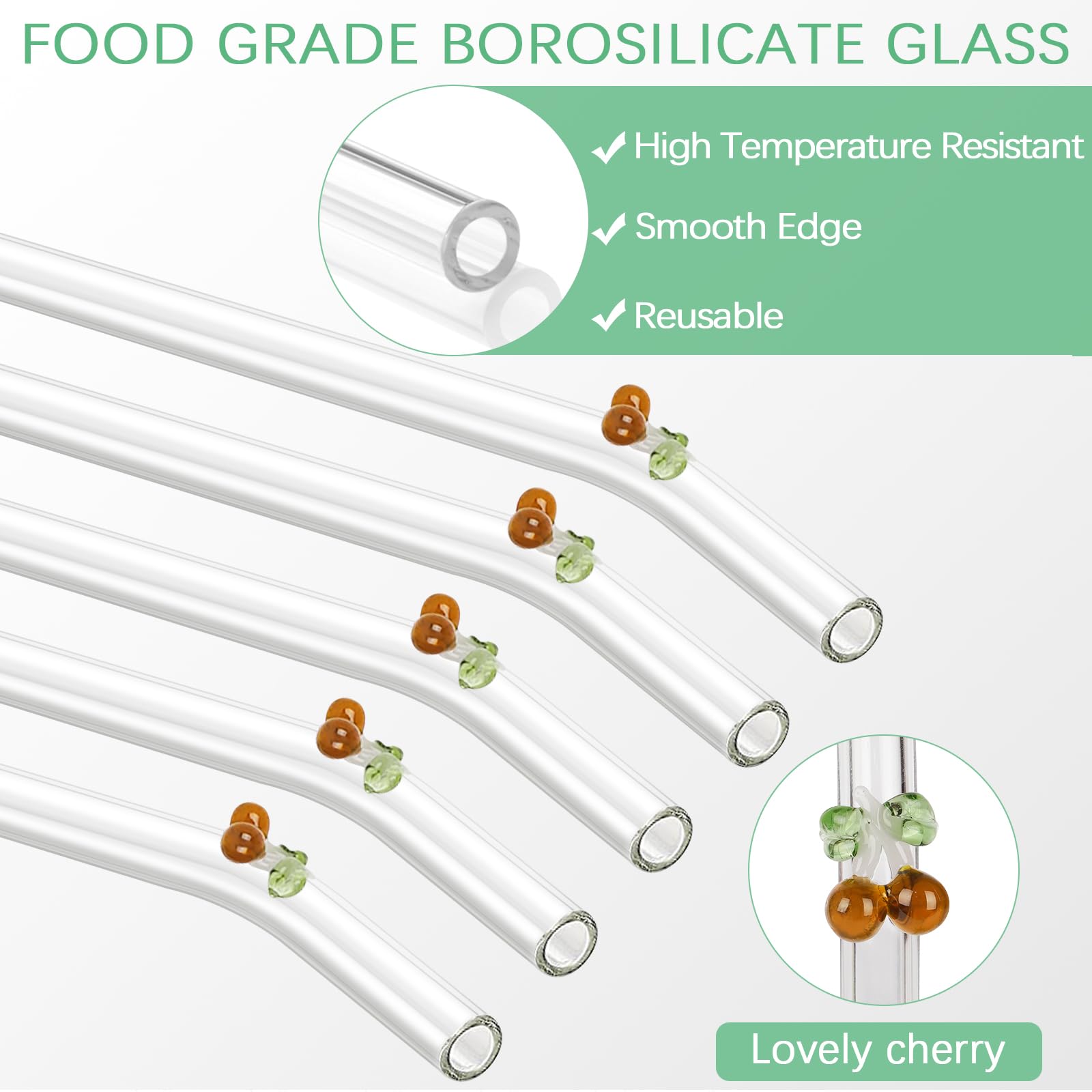 Reusable Straws Clear Glass Straws Colorful Butterfly Design Size 7.8" x 8mm with 1 Cleaning Brush 5 Pcs