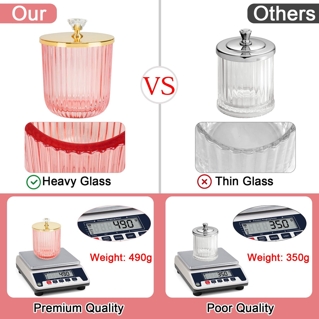 Cute Glass Apothecary Jars with Lid, Pink Cotton Ball Pad Round Container Holders and Vanity Canister Storage Jar for Makeup Sponges, Floss, Hair Accessories 2 Pack