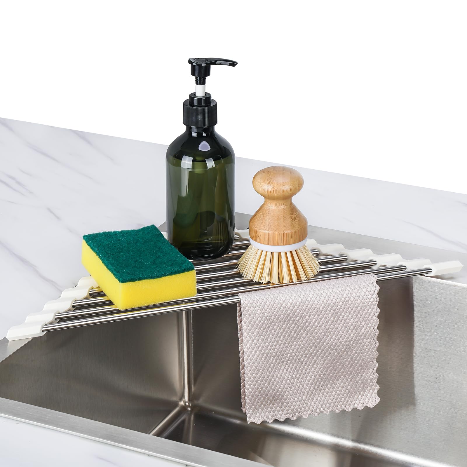 Triangle Foldable Dish Drying Rack, Small Roll-Up - Stainless Steel Over Sink Drainer for Kitchen Sink Corner, Rustproof