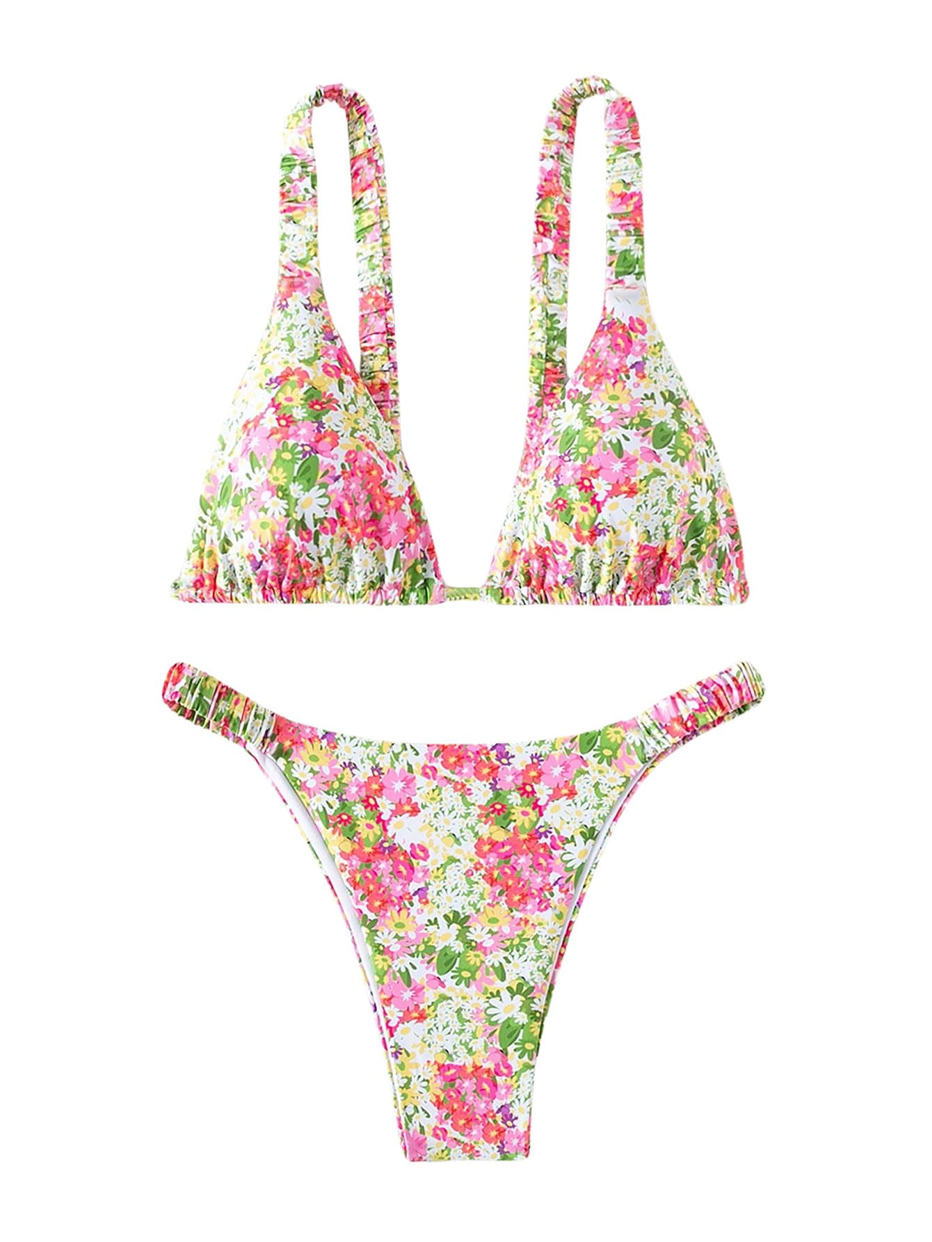 Women's Boho Floral Tie Side Triangle High Cut Bikini Set Bathing Suit Swimsuit