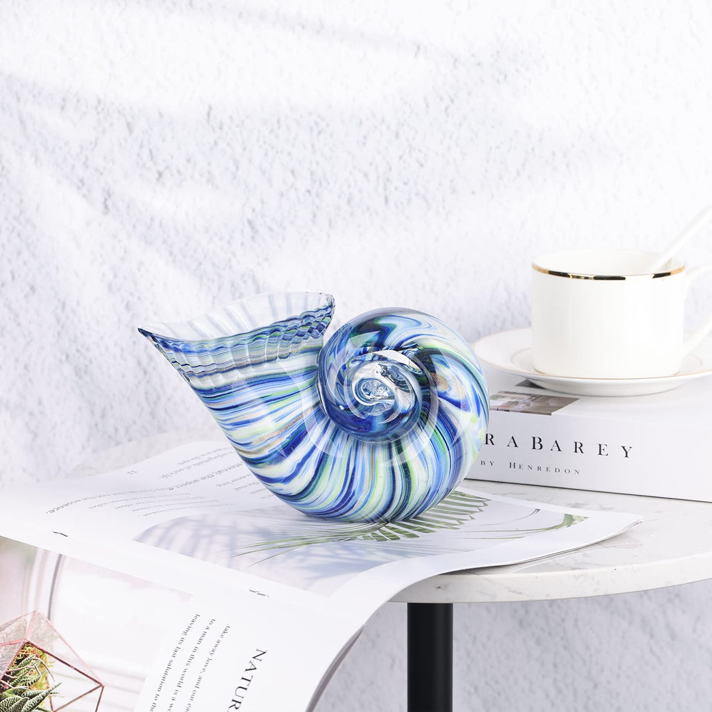 Hand Blown Glass Conch - Coastal Home Decor Conch Corners, Glass Art Conch Sculptures, Office Decor Blown Glass Art, Living Room Table Centerpieces, Bathroom Shelf Tops And Cabinet Decor