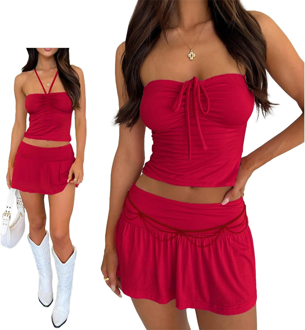 Women Sexy Summer 2 Piece Sets Drawstring Ruched Crop Tube Top Low Rise Ruffle Mini Skirts Sets Y2k Outfits
