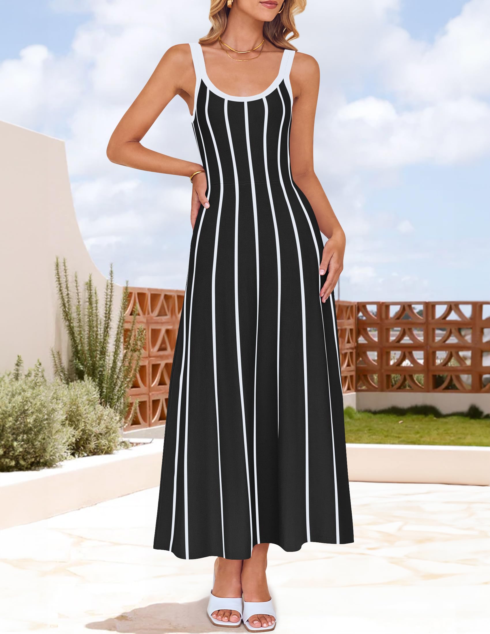 Wome's Summer Sleeveless Striped Midi Dress 2025 Knit Casual Elegant A Line Swing Long Dresses