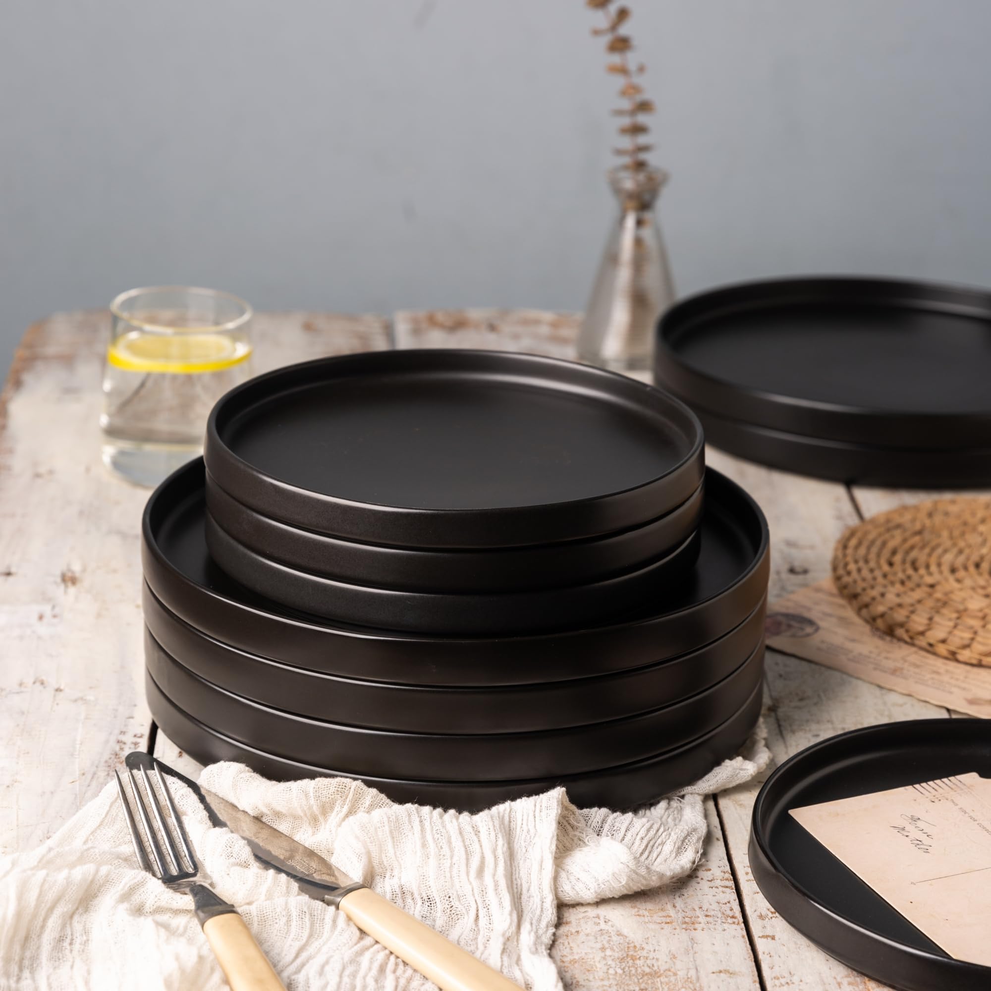 Ceramic Dinnerware Sets for 4, Modern Flat Stoneware Plates and Bowls Sets,Chip and Crack Resistant | Dishwasher & Microwave Safe Dishes Set, Scratch Resistant- Service for 4 (12pc)