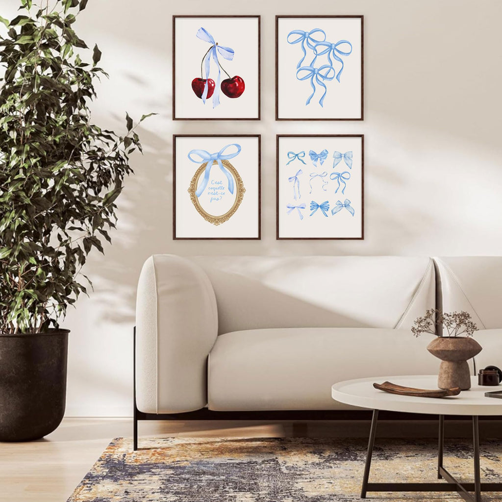 Coquette 6pcs Blue Bow Canvas Wall Art Preppy Decor Trendy Red Cherry Mirror Posters Room Decoration Unframed