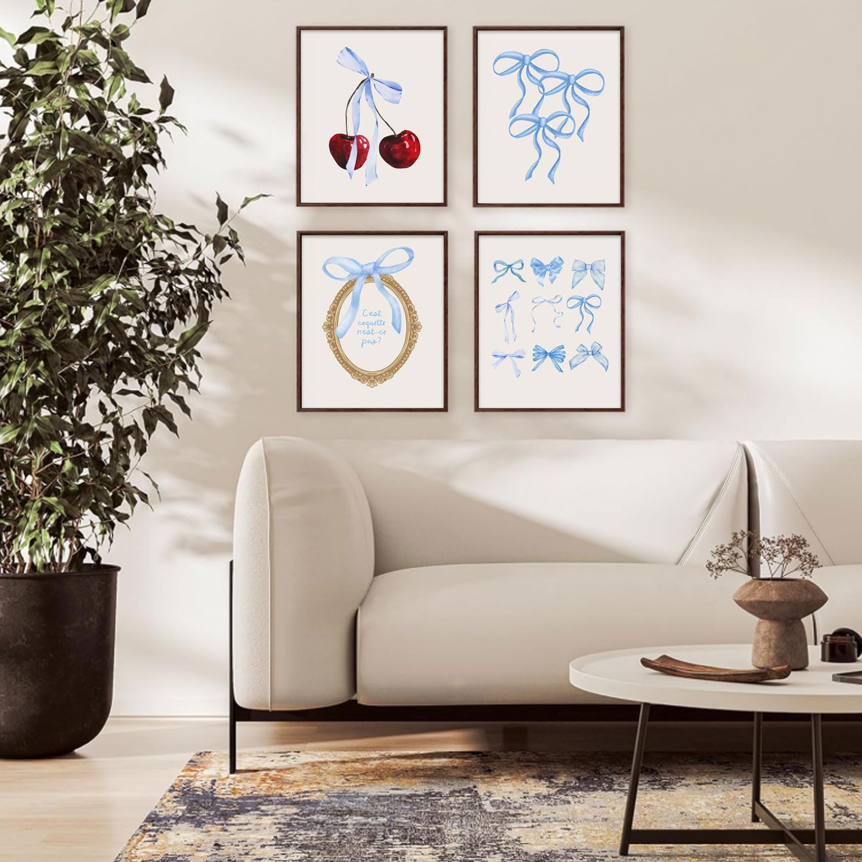 Coquette 6pcs Blue Bow Canvas Wall Art Preppy Decor Trendy Red Cherry Mirror Posters Room Decoration Unframed