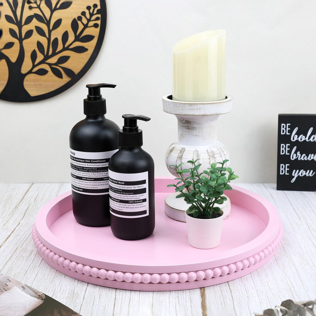 Round Wood Decorative Ottoman Tray for Coffee Table Kitchen Counter, Living Room, Handcrafted Wooden Serving Tray for Table Centerpiece