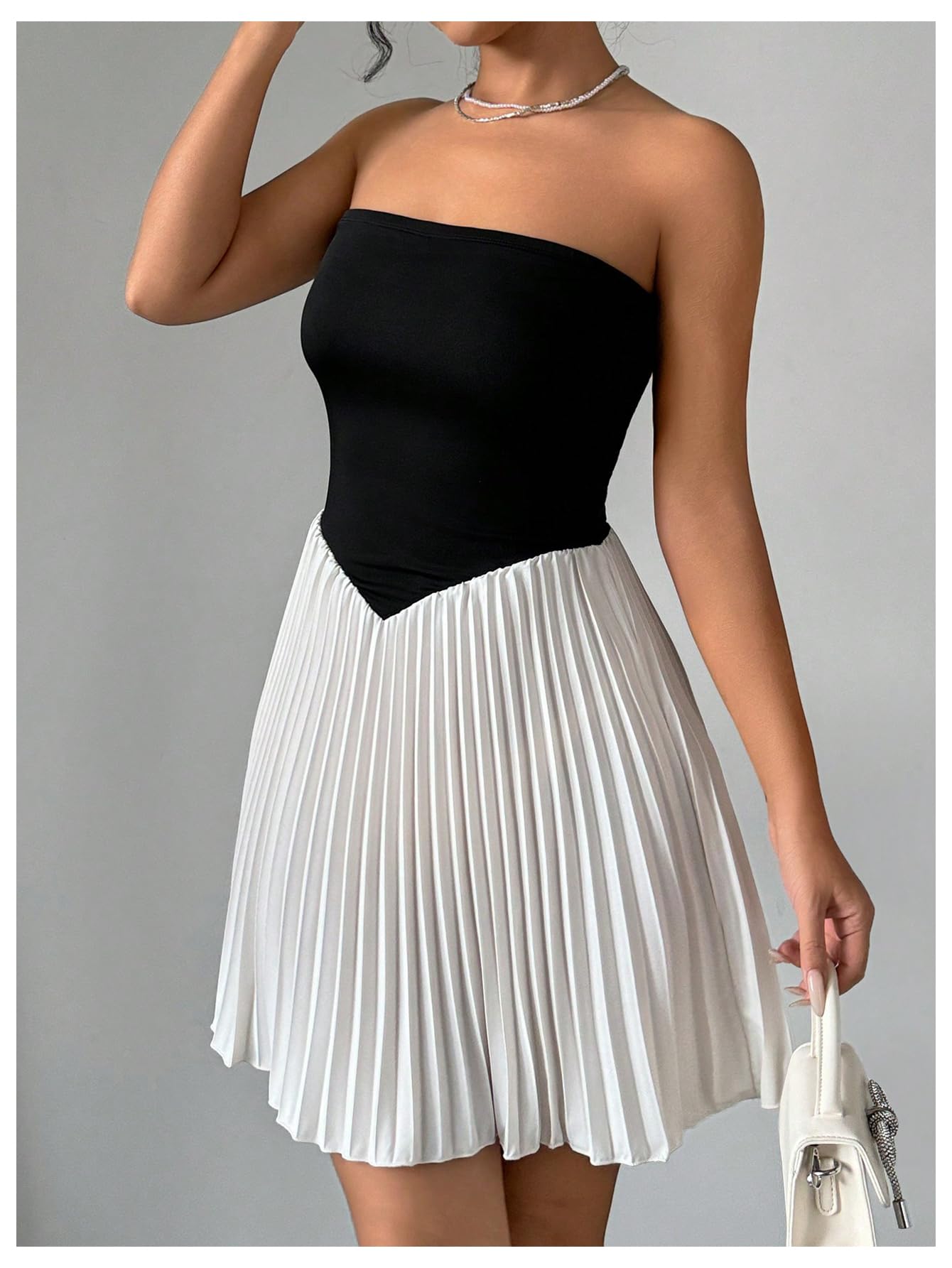 Women's Colorblock Strapless Tube Top Dress Backless Ruffled Pleated A Line Mini Dresses