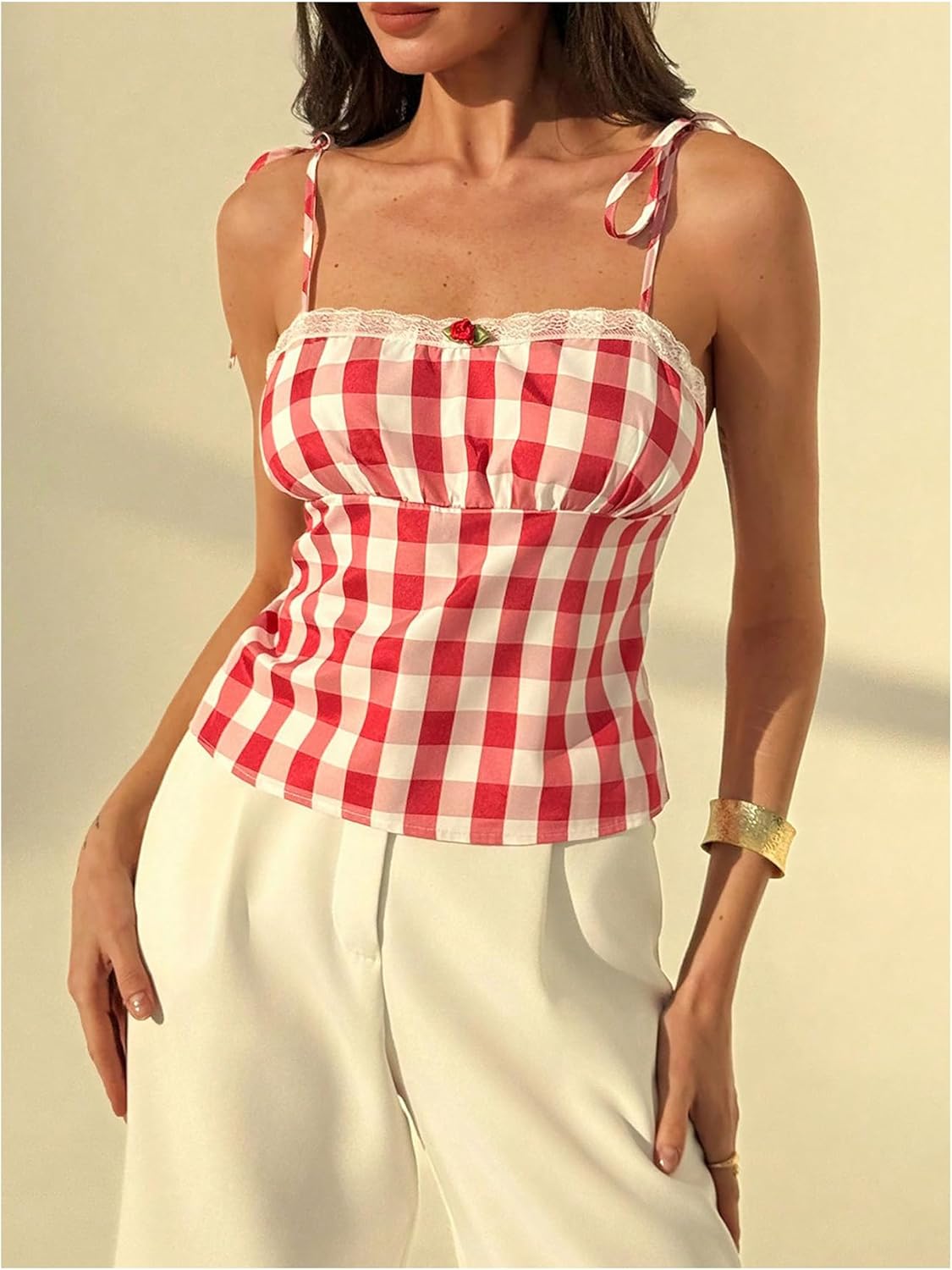 Women's Plaid Cami Tops Y2k Lace Trim Tie Shoulder Spaghetti Strap Summer Tops