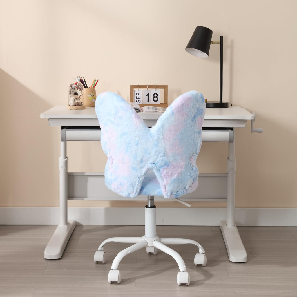 Kids Desk Chair Butterfly Faux Fur Study Chair Adjustable Vanity Chair, Small Cute Student Task Chair with White Foot