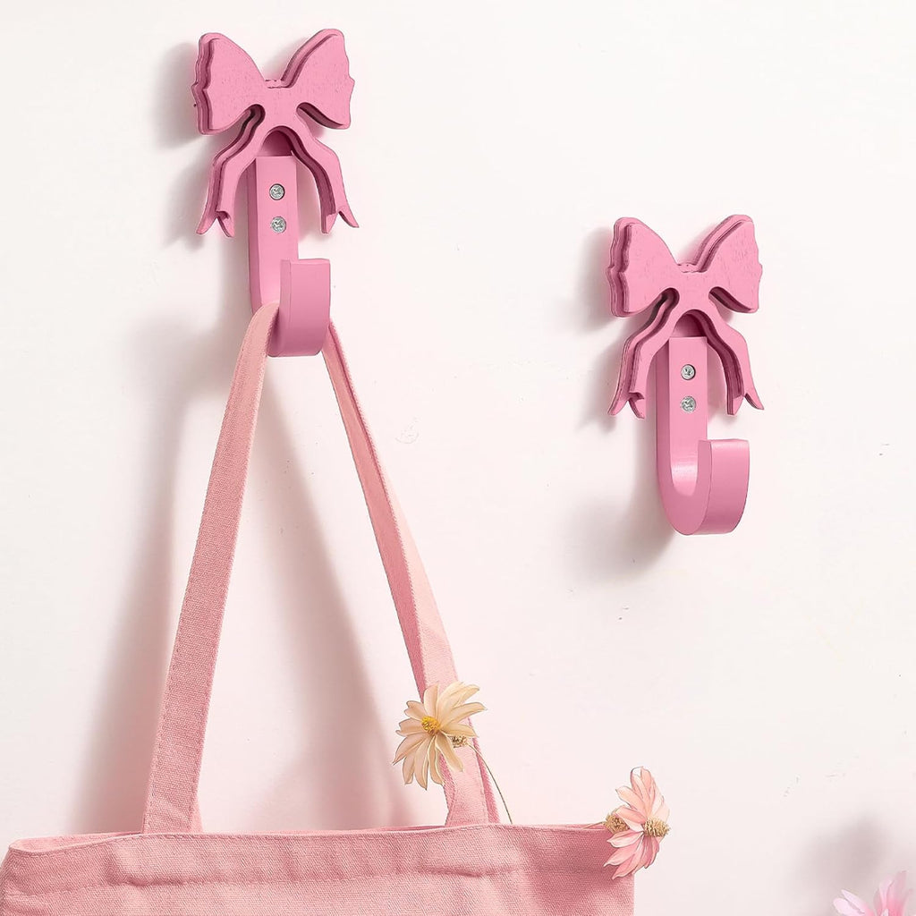 Pink Bow Hooks Wooden Bow Wall Hooks Coquette Room Decor Cute Coat Towel Hanger Wall Hanging Decor 2 Pcs