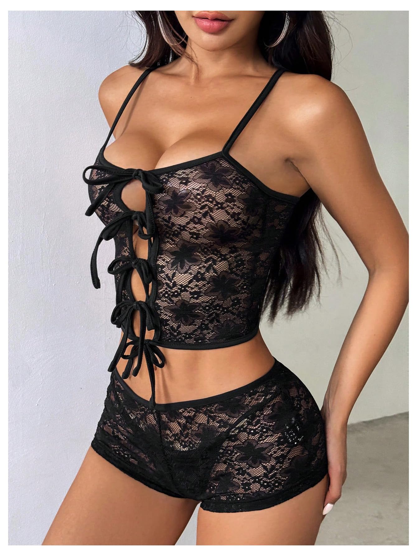 Women's Floral Lace 2 Piece Outfits Tie Front Crop Cami Top with Mini Shorts