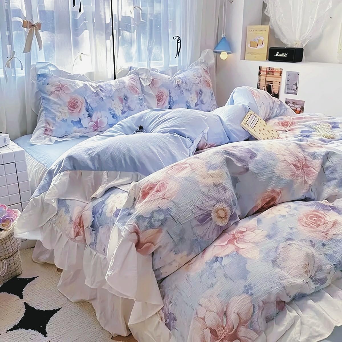 Duvet Cover 4pcs - Cotton Ultra Soft Ruffle Bedding Set includ 1 Duvet Cover with Zipper Ties,1 Fitted Sheet with Bed Skirt, 2 lace Pillow Shams for All Season